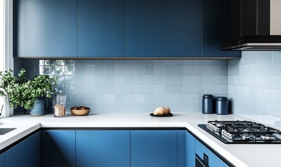 A sleek, modern kitchen with deep indigo cabinets and white quartz countertops. The backsplash is a subtle gradient of blue and indigo tiles.