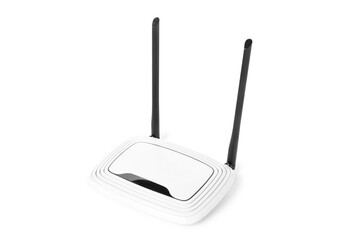 Modern wi-fi router on white background