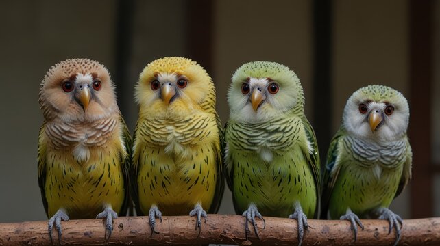 Four colorful parakeets perched on a branch.