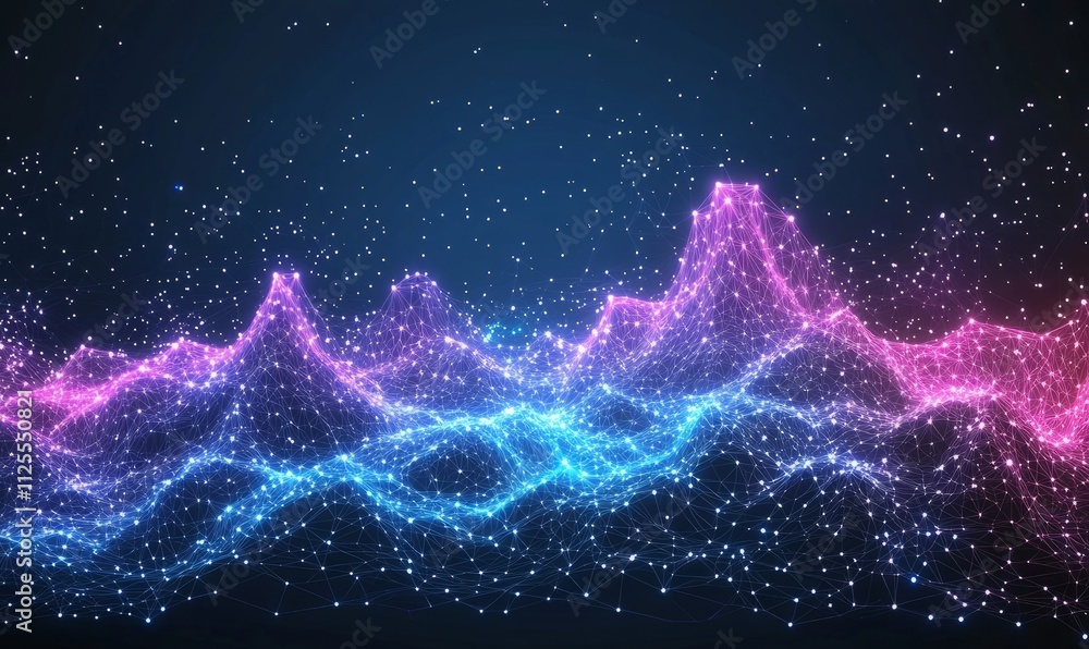 Poster abstract background texture of retro 80s low poly neon mountains and stars with flow.