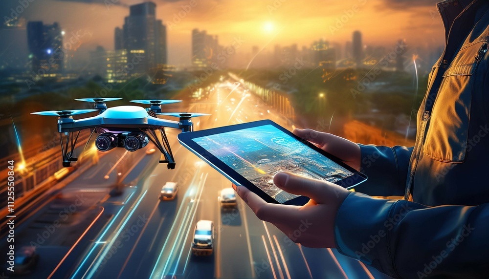 Wall mural hands operating drone control system via tablet during evening traffic generative ai