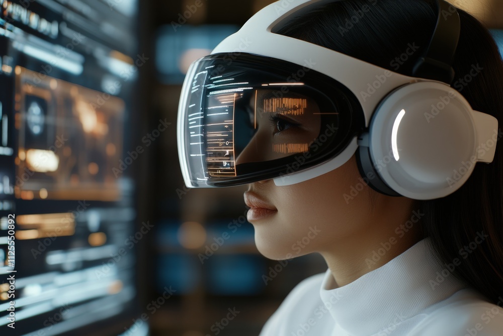 Poster immersive technology experience with virtual reality headset and advanced interface in a futuristic 