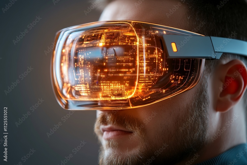 Poster exploring virtual reality technology with futuristic goggles in a dimly lit environment
