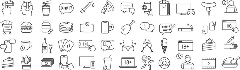 ベクターでモノクロの悪習慣に関する線画アイコンセット