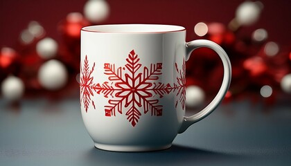 a white ceramic mug with a red snowflake design generative ai