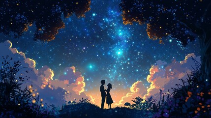 Obraz premium A romantic couple gazing at a starry night sky, whispering sweet nothings under the cosmic canopy.