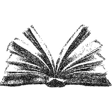 Opened book, collage element with vintage stipple photocopy effect, with retro grainy texture. Vector illustration for grunge psychedelic surreal poster or tattoo in 90s aesthetic.