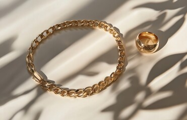 Elegant Gold Jewelry Display Featuring a Chic Chain Necklace and a Sleek Ring with Warm Natural Light and Soft Shadows for a Refined Aesthetic