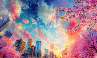 Fototapeta premium anime-inspired background with colorful cityscape, cherry blossoms, and vibrant skies playful and lively hyper-realistic 4K photo
