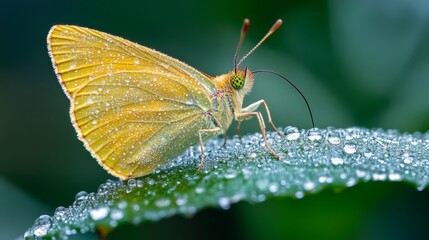 Obraz premium Yellow butterfly on dew-covered leaf.