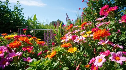 Fototapeta premium A vibrant and lush garden setting with colorful flowers, green foliage, and a clear blue sky, perfect for outdoor events or nature-inspired projects, outdoors, colorful