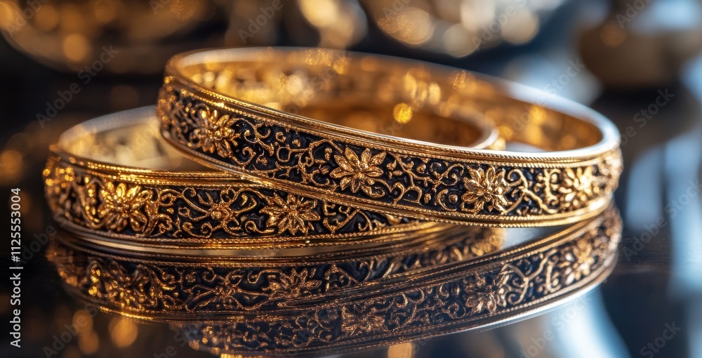 Poster elegant golden bangles with intricate floral design captured in luxurious setting with reflective su