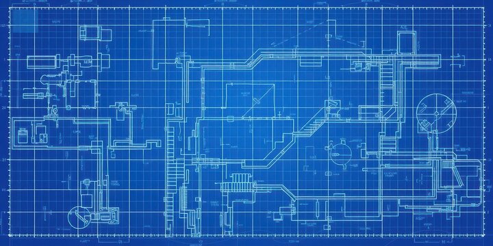 Blue print photo effect mockup template with overlay grid lines and blueprint background, lines, construction