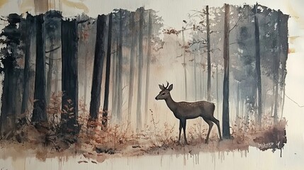 Solitary Deer in a Misty Forest Scene
