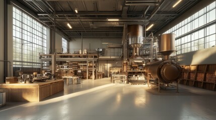 Spacious industrial interior with large windows, copper equipment, and wooden elements.