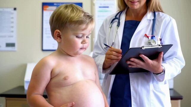 Child with obesity during a medical consultation with a doctor