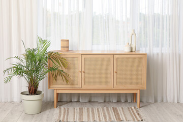 Houseplant with decor on stylish chest of drawers near window at home