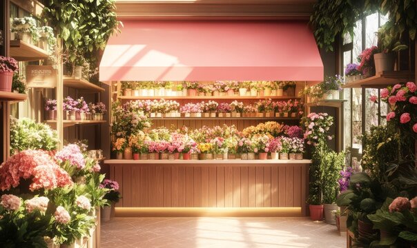 An interior design concept for flower shop, a pop-up store with a pink awning.