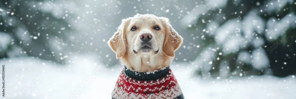Poster a fluffy dog sits adorably in a colorful sweater against a snowy backdrop, enjoying the winter wonde