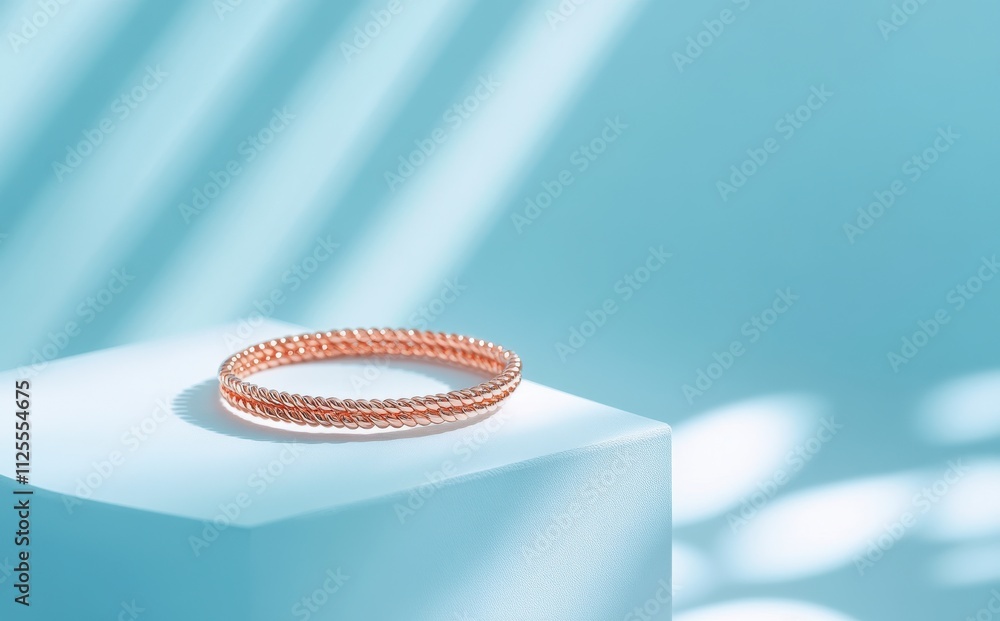 Poster elegant rose gold bangle on minimalistic blue background with soft shadows creating a stylish and mo