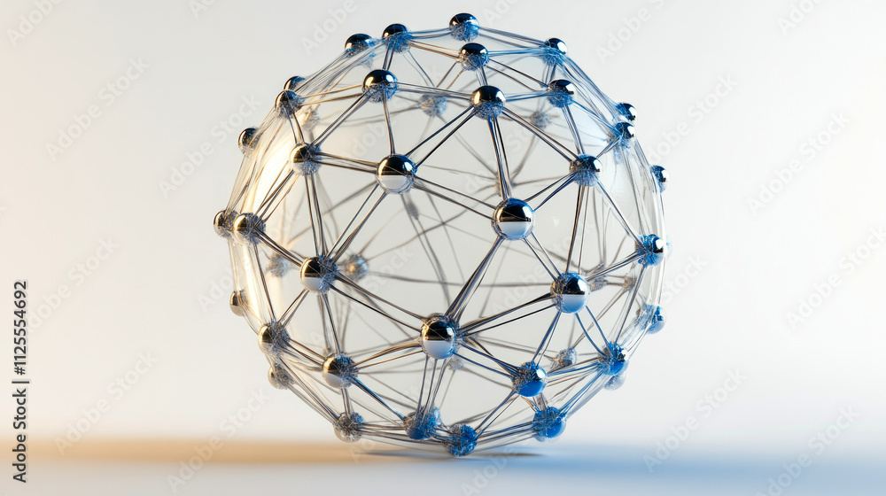 Poster geometric network sphere with interconnected metallic nodes on light background