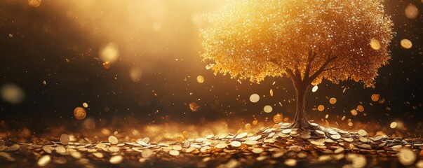 Abstract golden tree growing from scattered coins, symbolizing longterm growth in investment, warm tones, uplifting mood