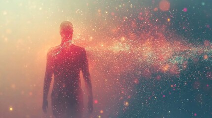 Fototapeta premium Human silhouette dissolving into colorful particles of light and energy
