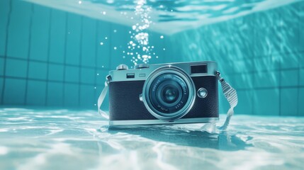 Submerged vintage camera in swimming pool.
