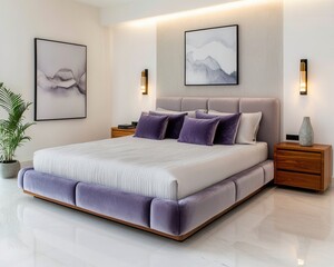 Luxe Bedroom with Velvet Purple Bed Frame and Soft Lighting