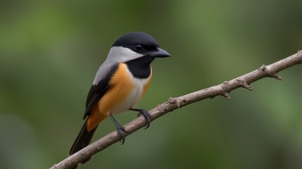 Fototapeta premium Small bird perched on a branch, displaying vibrant plumage and attentive posture.