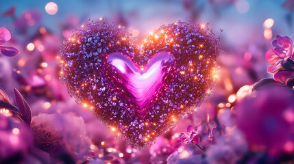 Obraz premium A vibrant heart pulse transforms into an enchanting landscape adorned with flowers and glowing lights