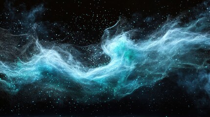 An artistic visualization of an arrow-shaped energy stream bursting forward, composed of luminous, particle-like streaks of green and blue