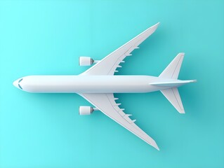 Fototapeta premium A commercial airplane flies in the blue sky, seen from above. Flat lay with copy space for travel and business concepts. Minimal background design