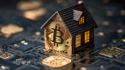 Golden bitcoin symbol on circuit board with miniature house - cryptocurrency and technology concept