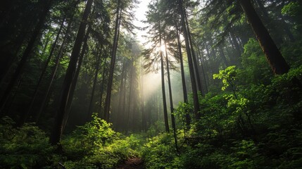 Fototapeta premium Sunbeams pierce misty forest, illuminating path.