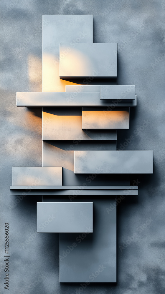 Poster interlocking modular shapes create a unique design, illuminated softly, showcasing a modern artistic