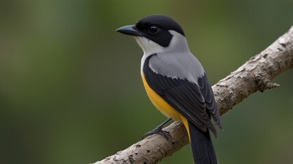 Obraz premium A small grey, black, and yellow bird perched on a branch.
