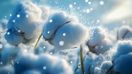 Close-up of snow-covered cotton plants in sunlight