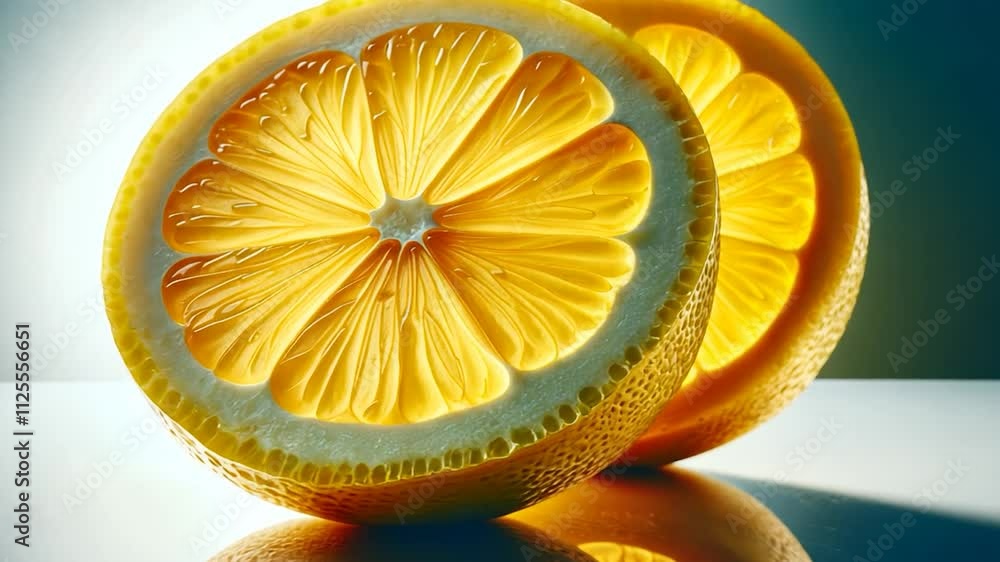Poster two lemon halves stand on a reflective surface, illuminated by a light source that changes position,