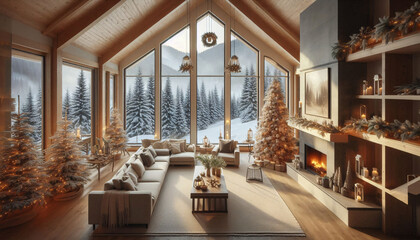 Fototapeta premium living room of a house in the mountains with views of a snowy forest with fir trees. The interior is decorated with a lit fireplace and a Christmas tree.