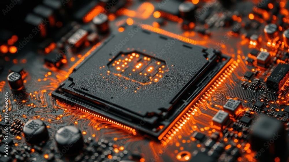 Poster a computer chip is lit up with orange lights. the chip is a cpu and is surrounded by other electroni