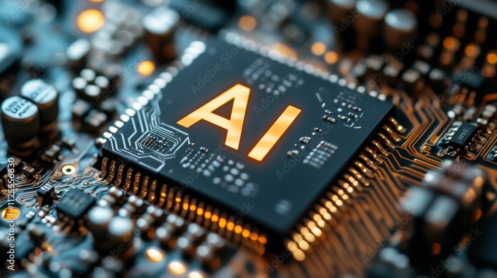 Poster a computer chip with the letters ai on it. the chip is black and orange. the image has a futuristic 