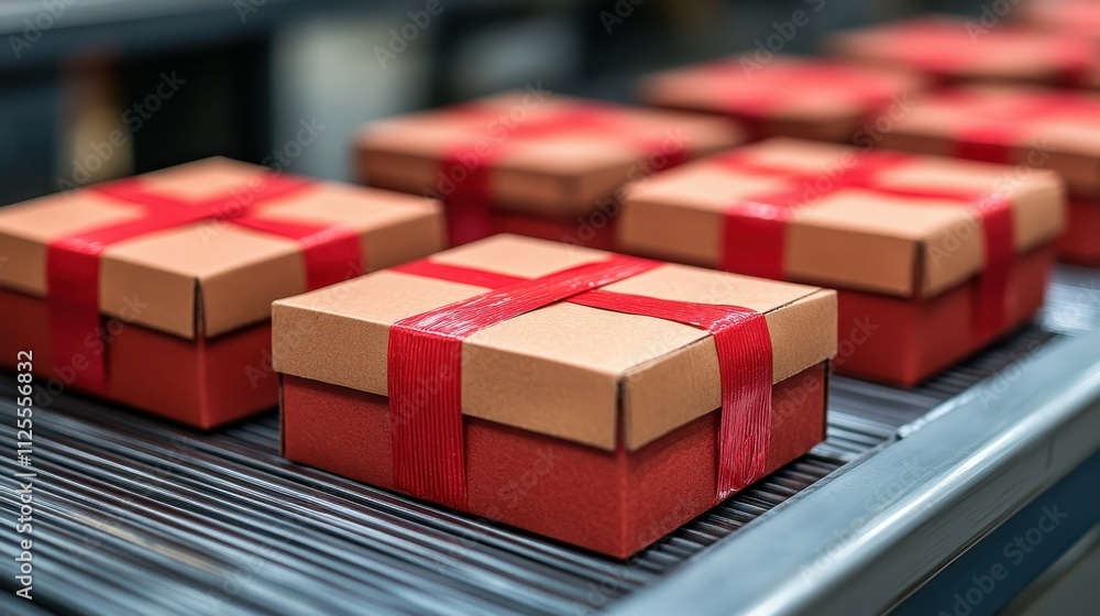 Poster a conveyor belt with several brown boxes with red ribbons on them. the boxes are lined up and appear