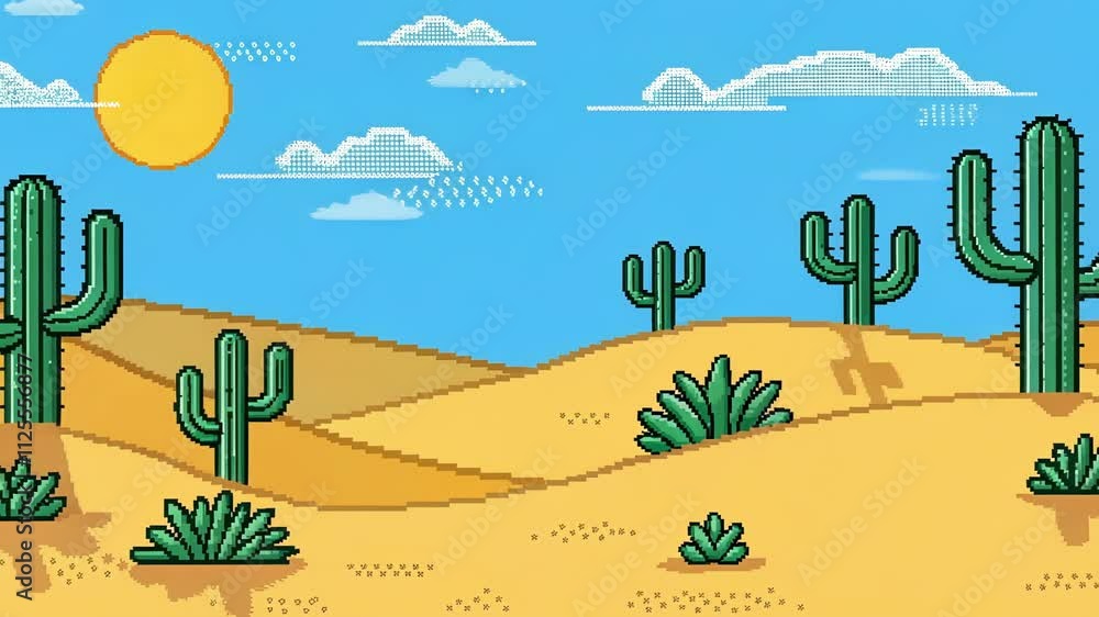 Poster sunkissed cacti a simple landscape featuring several pixelated cacti in various shapes and sizes the