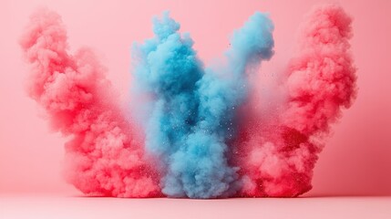 A colorful explosion of smoke and dust is depicted in the image. The smoke is a mix of red and blue, creating a vibrant and dynamic scene. The explosion appears to be a burst of energy, with the smoke