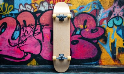 Blank skateboard mockup placed vertically against a vibrant graffiti wall background. The skateboard deck is plain and ready for custom designs or branding