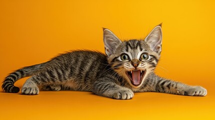 A kitten is laying on a yellow surface and has its mouth open. The kitten appears to be happy and playful