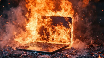 A laptop is on fire and the flames are very high. The laptop is completely destroyed and the fire is still burning