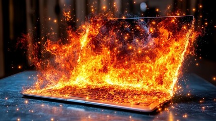 A laptop is on fire, with the flames shooting out of the screen. Concept of danger and destruction, as the laptop is being consumed by the flames