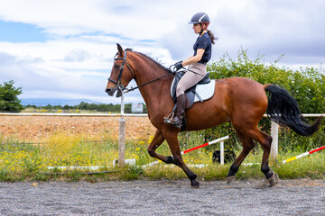 Woman riding brown horse during training session